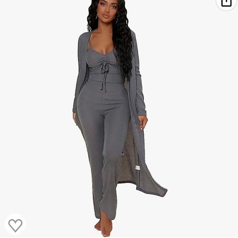 Women's Ruched Knot Bust Cami Top Long Pants Lounge Set with Long Sleeve Robe